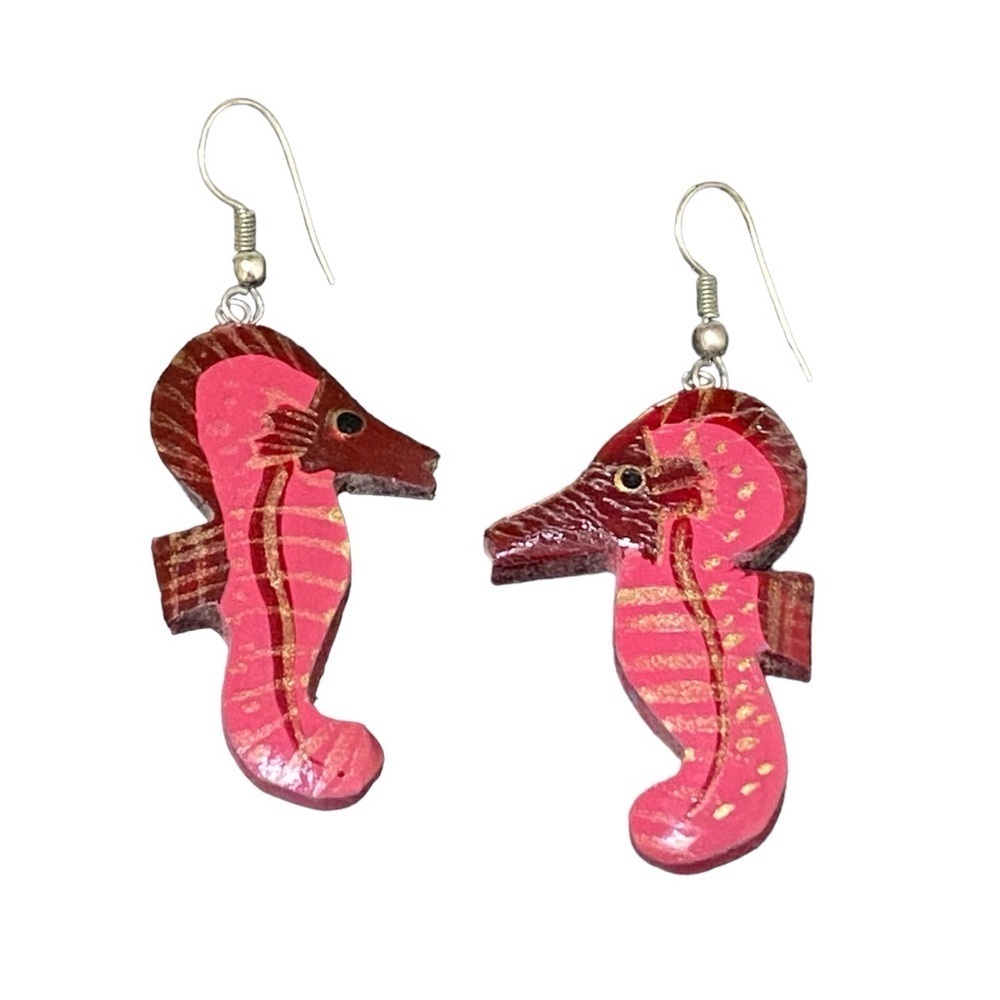 Pink Wooden Seahorse Earrings Dangle Drop Beach Coastal Summer Ocean Jewelry